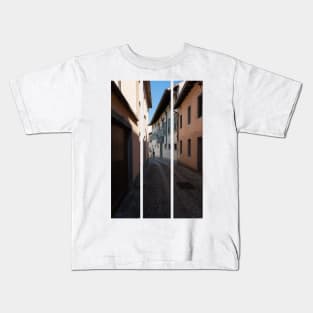 North Italy Life in the center of the lombard medieval city. Walking through narrow streets and walls. Sunny summer day. (vertical) Kids T-Shirt